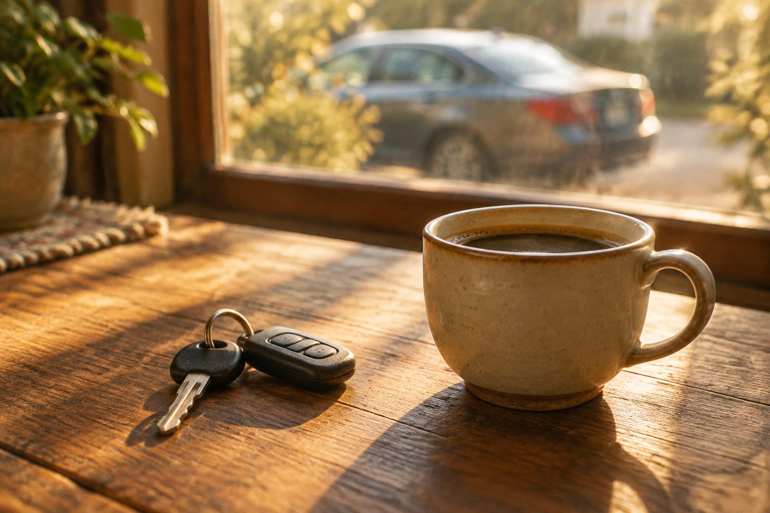 Car keys and a mug of coffee on a wooden table with a car outside