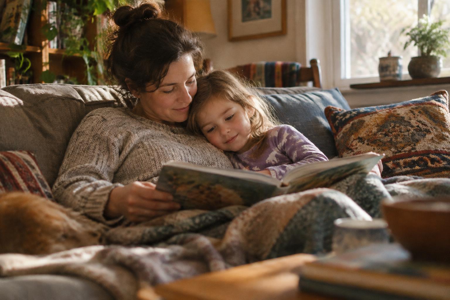 A parent and child reading together on a couch at home